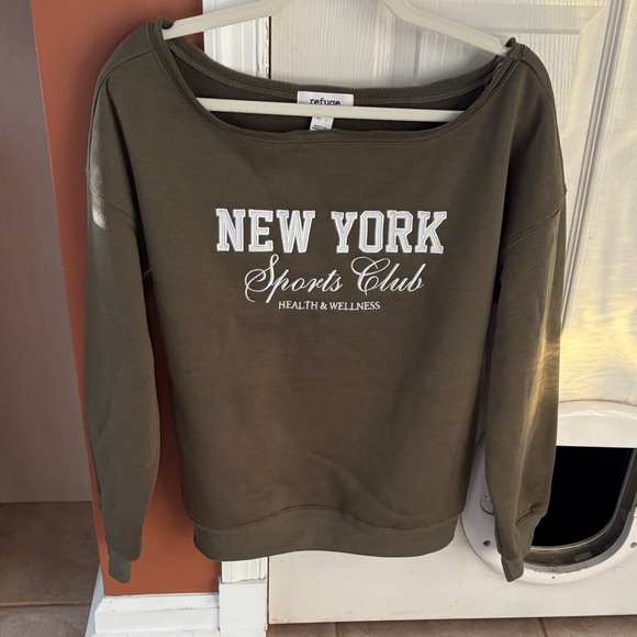 refuge Sweaters - Olive Green New York Off the Shoulder Sweatshirt